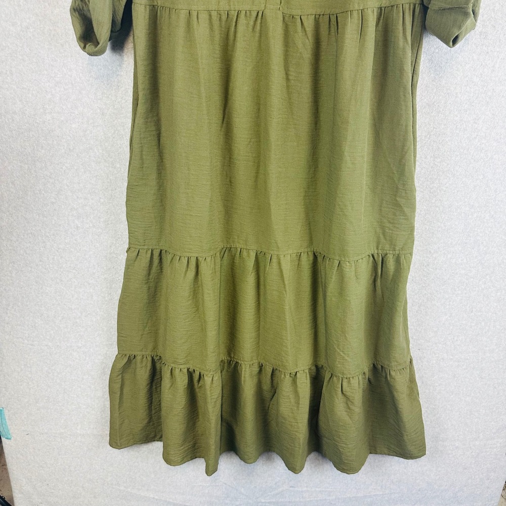 Max Studio London Womans Medium Shirt Midi Dress Roll Tab Green Tier Boho Modest - Picture 4 of 9